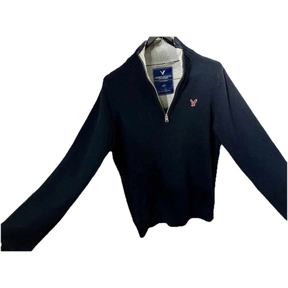 Y2K American Eagle Sweater Men L Blue 1/4 Zip Knit Pullover Wool Blend Preppy